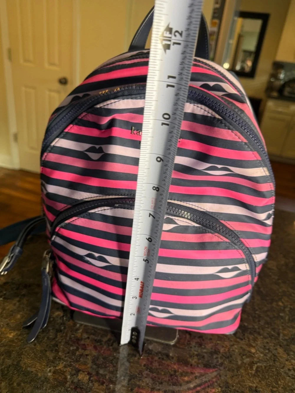 kate spade Navy & Pink Striped Mini Backpack with Lip Motif